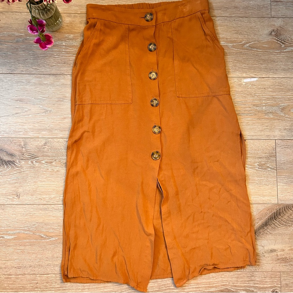Button-Front Midi Skirt - Rust Orange